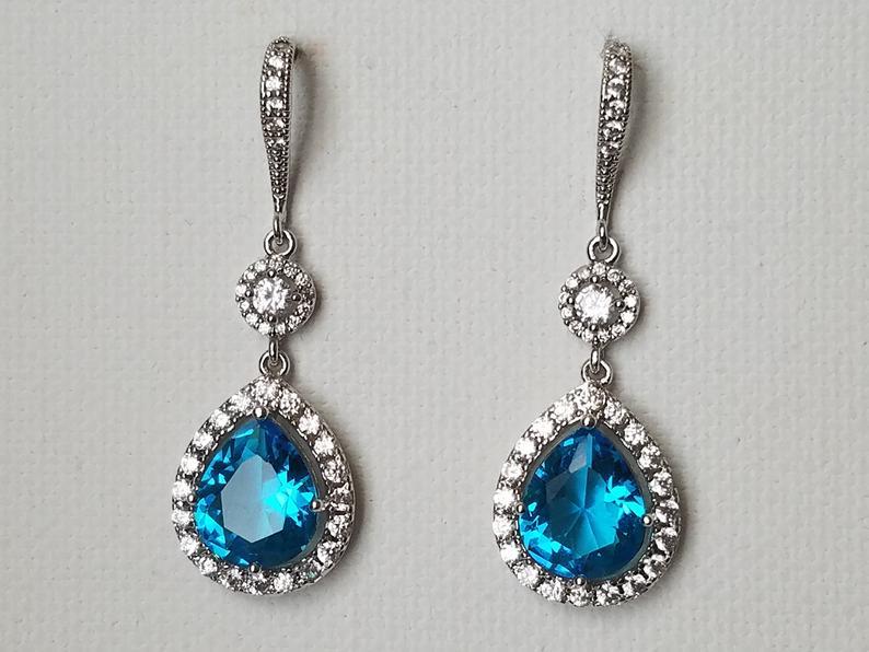 Hochzeit - Blue Crystal Wedding Earrings, Aquamarine Teardrop Bridal Earrings, Aqua Blue Silver Chandelier Earrings, Wedding CZ Blue Dangle Earrings