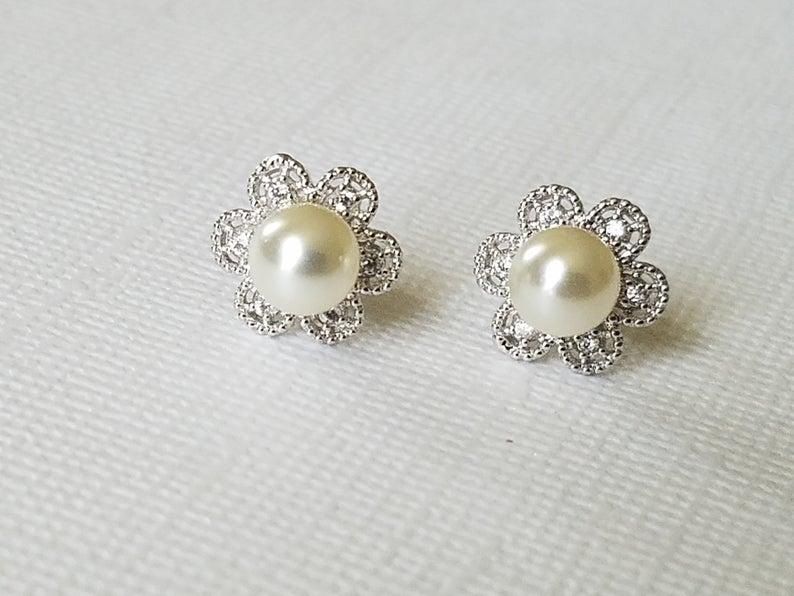 Mariage - Pearl Bridal Earring Studs, Swarovski Ivory Pearl Silver Earrings, Wedding Pearl Earrings, Dainty Pearl Flower Earrings Pearl Bridal Jewelry