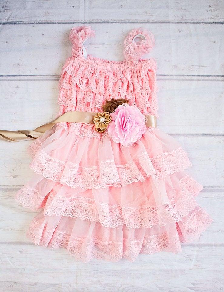 Hochzeit - Pink & Gold ToddlerBirthday Dress,  Little Girls Wedding Dress Sash,  Lace Country Rustic Flower Girl Dress, 1st,2nd,3rd,4th,5th Birthday