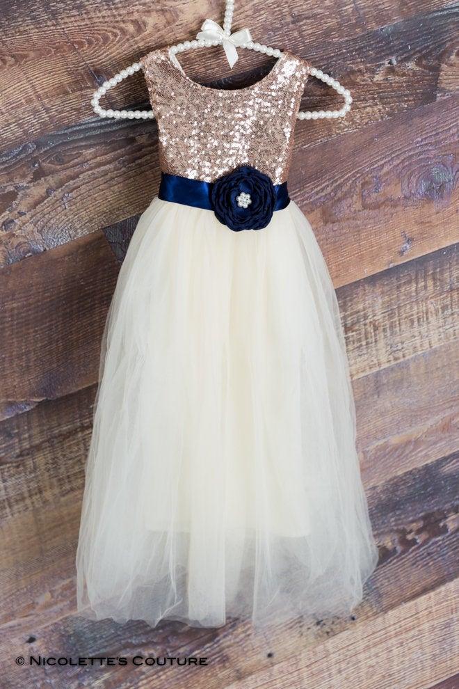 Wedding - Rose Gold Flower Girl Dress, Ivory Floor Length Wedding Gown, Princess Ball Gown