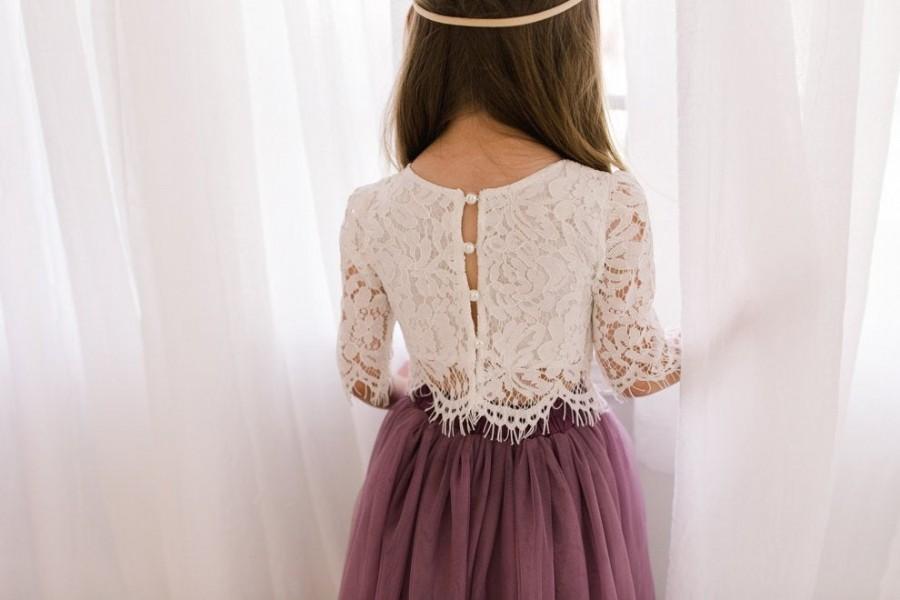 Wedding - Lilac Amethyst Tulle Two Piece Skirt, White Lace Flower Girl Dress, Boho Beach Wedding, Buttons, Bohemian, Orchid, Purple, Mauve, Violet