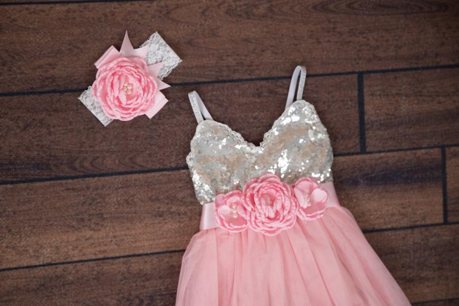 Mariage - Pink Flower Girl Dress, Silver sequin Girls Spring Dresses, Girls Beach Wedding Dress