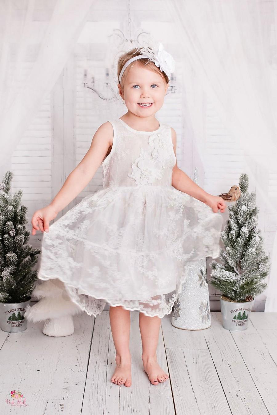 Mariage - Rustic White Flower Girl Dress, White Lace Dress- Baptism / Christening Dress, Country Style Flower Girl Dress