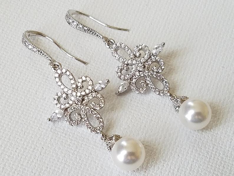 زفاف - Chandelier Pearl Wedding Earrings, White Pearl Bridal Earrings, Swarovski Pearl Silver Earrings, Pearl Dangle Earrings, Statement Earrings