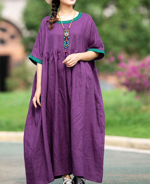 زفاف - Linen plus size clothing, maxi dress, womens Summer dresses, prom dresses,  purple  half sleeves dress