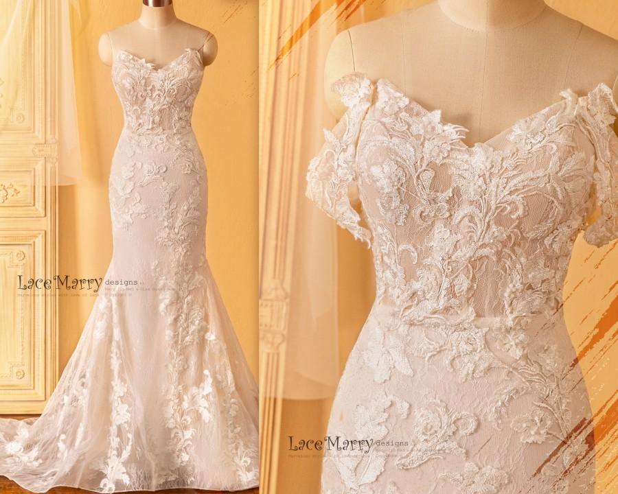 زفاف - DILVA / Fitted Sparkling Wedding Dress with Removable Off Shoulder Straps, Lace Wedding Dress, Floral Wedding Dress, Mermaid Wedding Dress