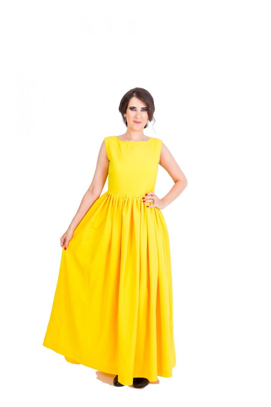 زفاف - Womens Dress, Long Dress, Maxi Dress, Yellow Dress, Round Neck Dress, Sleeveless Dress, Pleated Dress, Party Dress, Evening Dress