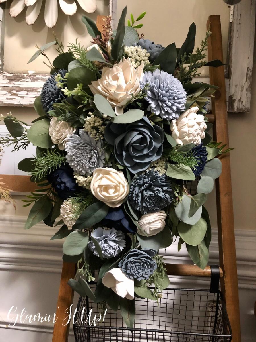 Hochzeit - Slate Blue, Dusty Blue Bouquet, Dusty Blue, Ivory Boutonnière, Corsage, Cake flowers, Something Blue Wedding, Sola Wood Flowers