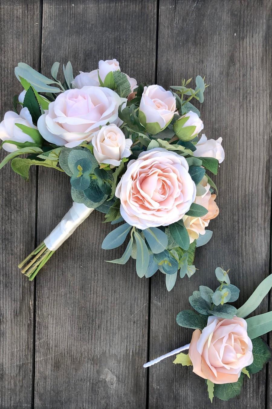 Hochzeit - Champagne Blush Pink Rose Gold Eucalyptus Bridal Wedding Bouquet 