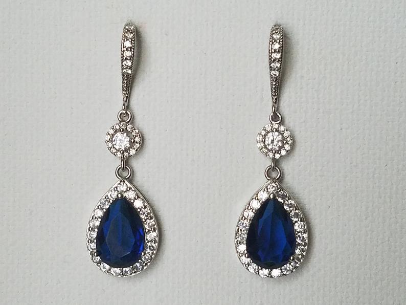 زفاف - Blue Crystal Bridal Earrings, Wedding Sapphire CZ Halo Teardrop Earrings, Royal Blue Silver Dangle Earrings, Dark Blue Statement Earrings