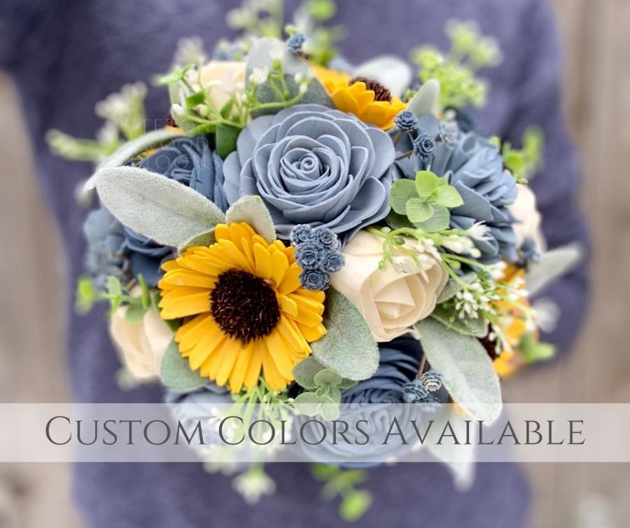 Mariage - Wood Flower Sunflower with Dusty & Slate Blue Wedding Bouquet / Rustic Bridal Bridesmaid Bouquet / Wooden Sola Wood Flowers / White Ivory