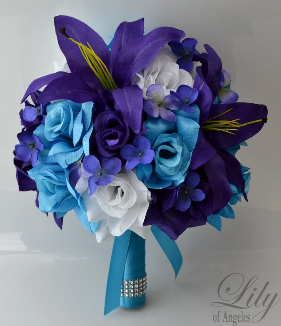 Wedding - Wedding Bouquet, Bridal Bouquet, Bridesmaid Bouquet, Silk Flower Bouquet, Wedding Flower, 17 Pcs, Turquoise, Purple, Malibu, Lily of Angeles