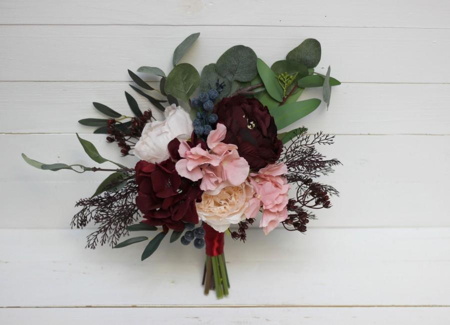 Свадьба - Burgundy peach pink  bouquet - size 7"-8" Deep red bridesmaid flowers  Wedding flowers