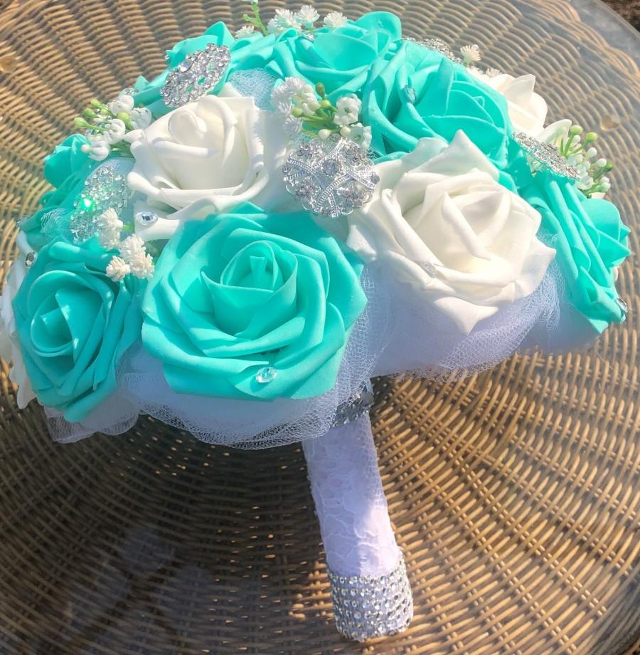 Свадьба - Turquoise Blue Bouquet, 10" Tiffany, Communion, Quinceanera, Wedding party, real touch roses, babys breath, Glam brooches, crystals