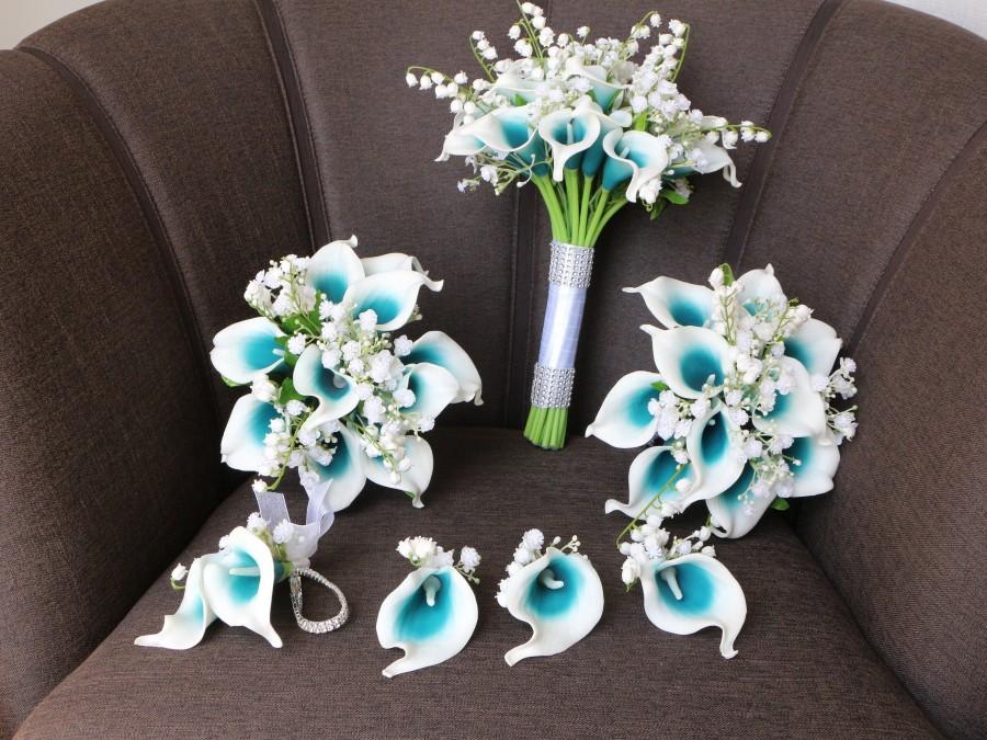 Mariage - Wedding Bouquets Prom Corsage Boutonniere Sets Wedding Flowers Calla Lily Wedding Bouquet Oasis Teal Wedding Bridal Flowers Bouquet DJ-72