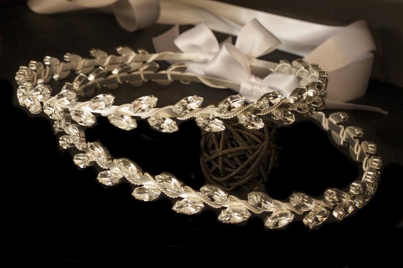 Mariage - Silver Plated Stefana with Swarovski Leafs for a Fairytale Orthodox Wedding, Code 300S