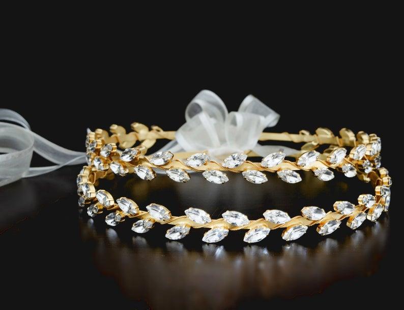 Mariage - Gold Plated Stefana with Swarovski Leafs for a Fairytale Orthodox Wedding, Code 300G