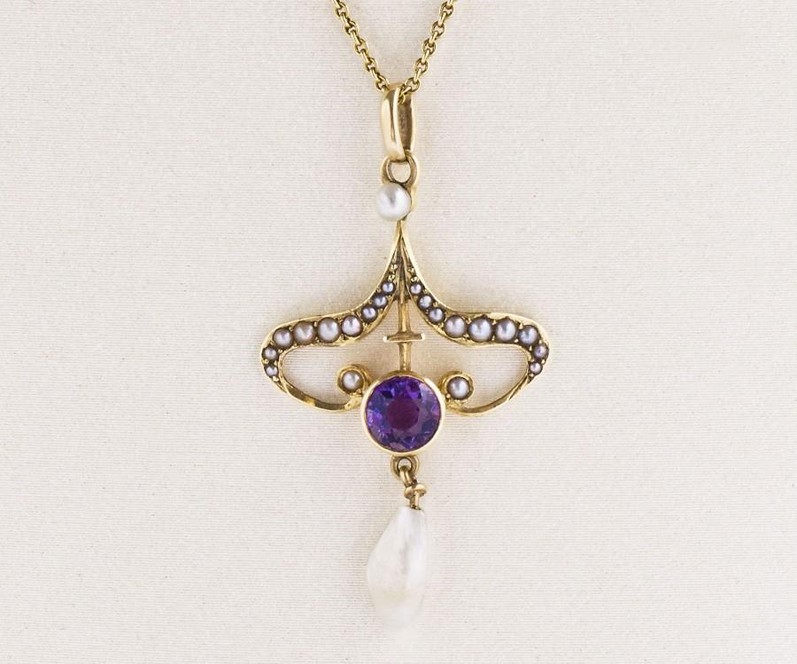 زفاف - Antique Necklace - Antique Victorian 14k Rose Gold Amethyst & Seed Pearl Necklace