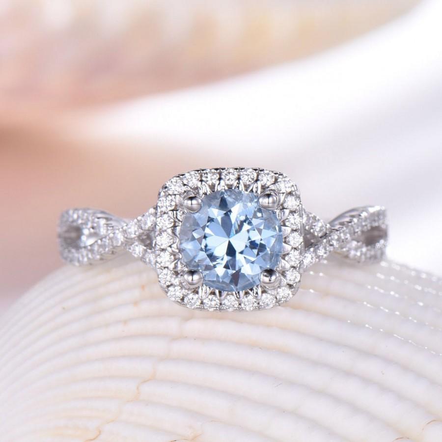 Wedding - Sky Blue Topaz Engagement Ring White Gold Plated 6mm Round Cut Blue Gemstone Promise Ring CZ 925 Sterling Silver Bridal Ring For Women