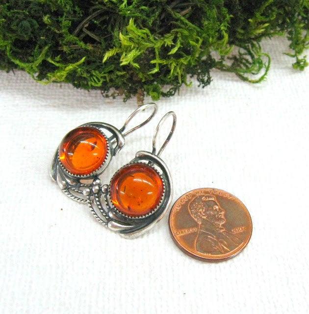 زفاف - Baltic amber earrings round shape orange cognac amber USSR vintage jewelry 1980s retro style gift for wife girlfriend birthday anniversary