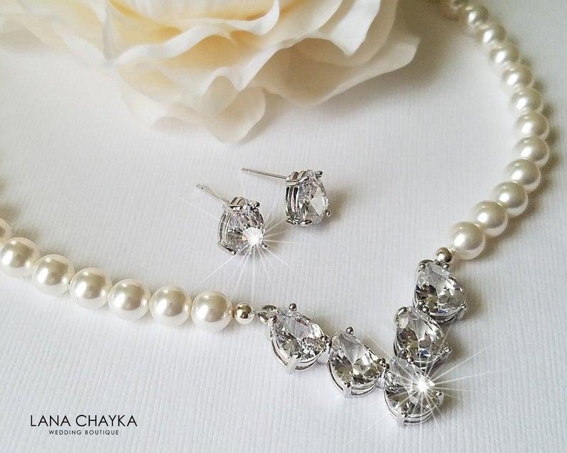 Hochzeit - Bridal Jewelry Set, White Pearl Bridal Jewelry Set, Swarovski Pearl Wedding Set, Necklace&Earrings Jewelry Set, Pearl Crystal Bridal Set