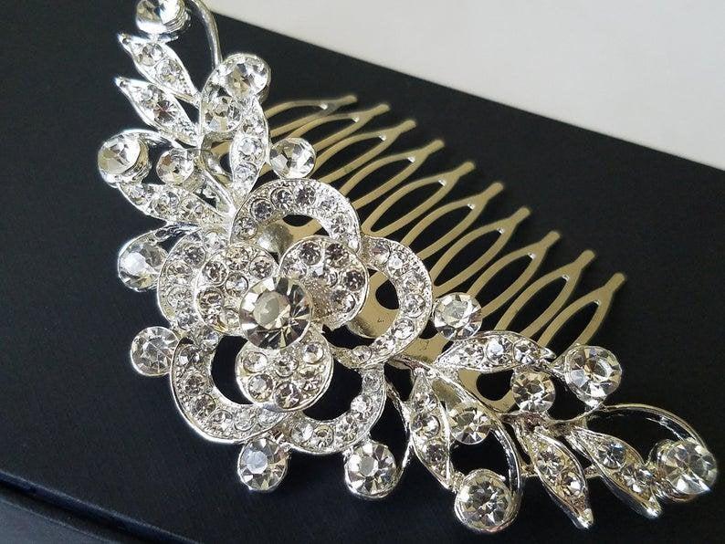 زفاف - Crystal Bridal Hair Comb, Wedding Crystal Hair Piece, Bridal Crystal Floral Headpiece, Bridal Hair Jewelry, Crystal Silver Sparkly Hair Comb