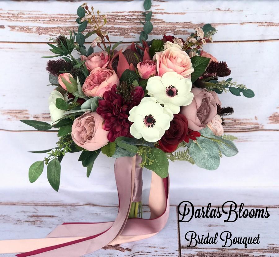 Hochzeit - Wedding bouquet, Burgundy & Dusty rose bouquet, Mauve bouquet, Boho bouquet, Faux bouquet, Dusty rose silk flowers, Burgundy silk flowers