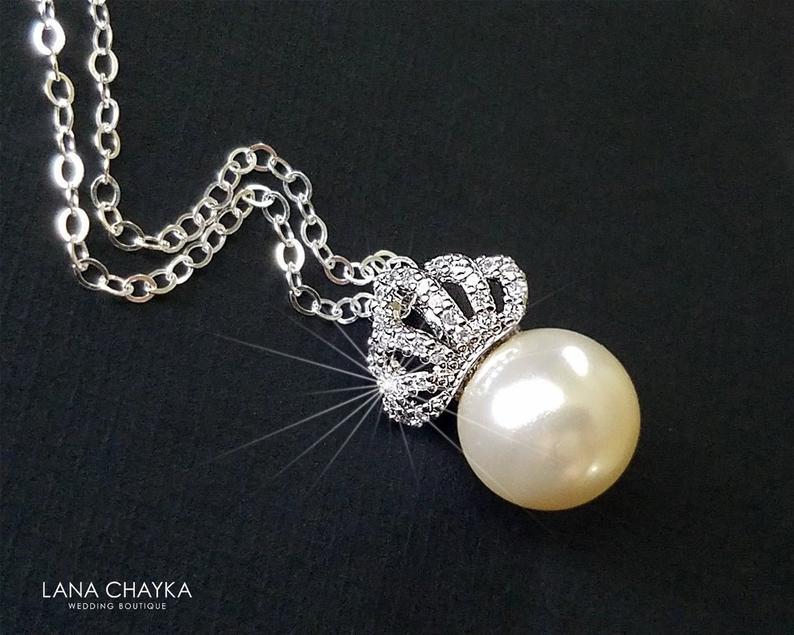 Mariage - Pearl Crown Bridal Necklace, Swarovski Ivory Pearl Silver CZ Necklace, Bridal Pearl Jewelry, Wedding Tiara Necklace, Crown Pearl Necklace