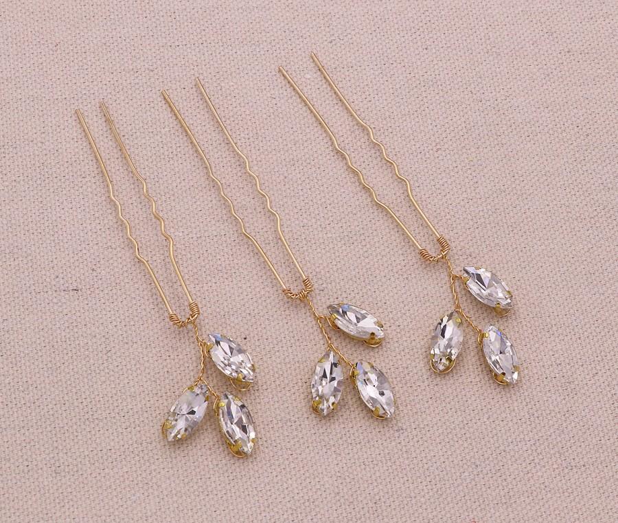 زفاف - Gold Wedding Hair Pin, bridal hair accessories, rhinestone hairpin, crystal hair pearl, Set of Three, Marquise Gold Hairpin