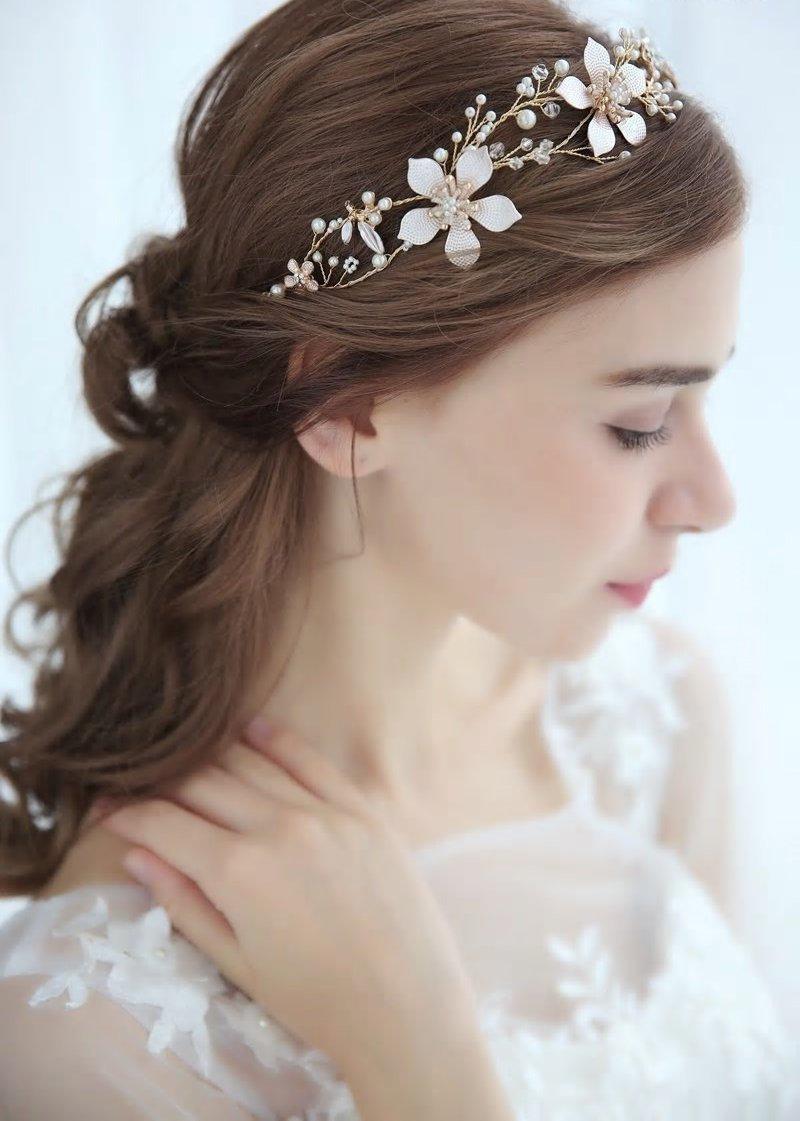 Wedding - Handmade Vintage Style Gold Leaf Floral Pearl Bridal Hairband Hair Vine