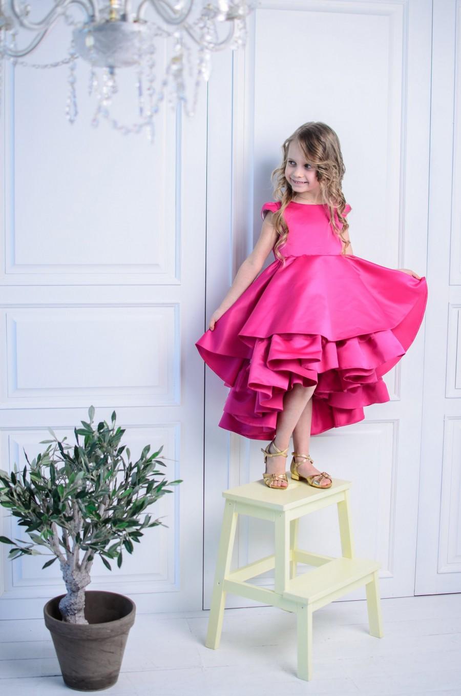 Mariage - Flower Girl Dress, Girl Pageant Dress, Hot Pink Dress, Toddler Gown Dress, Girl Birthday Dress, Fuchsia Party Dress, High Low Dress, Elegant