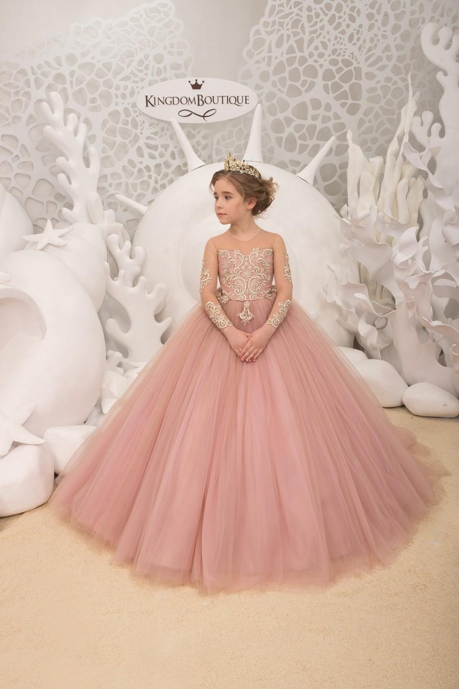 Mariage - Blush pink and Gold Flower Girl Dress - Birthday Wedding Party Holiday Bridesmaid Flower Girl Blush pink and Gold Tulle Lace Dress 21-153
