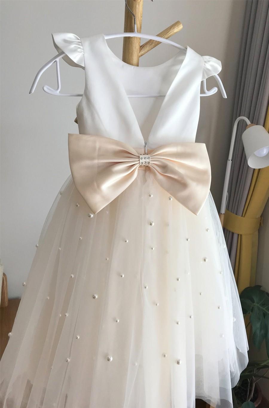Wedding - Ivory flower girl dress, light champagne tulle flower girl dress with pearls