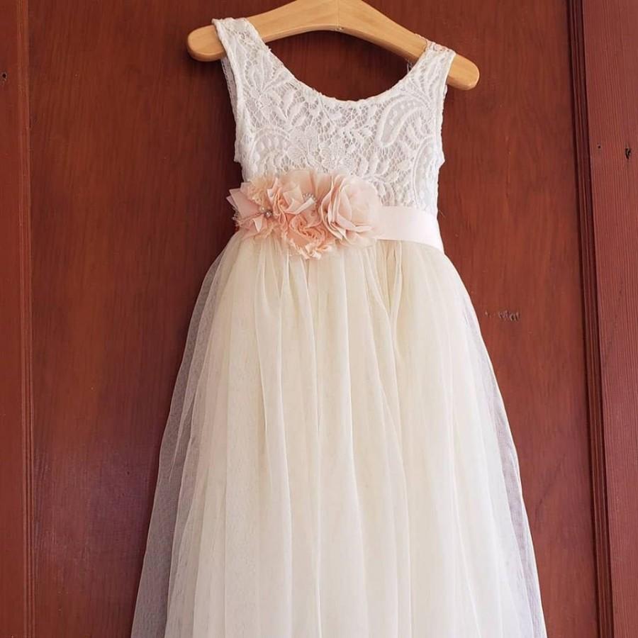 Hochzeit - Ivory and blush girls flower girl dress with blush removable sash, flower girl dress, flower girl dress ivory, flower girl dress toddler