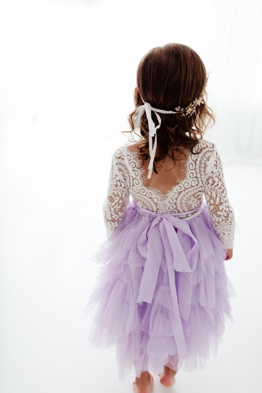 Mariage - Lavender Flower Girl Dress, Long Sleeve Dress, Boho Beach Wedding, Purple Spring Girls Dresses, Lilac Dress