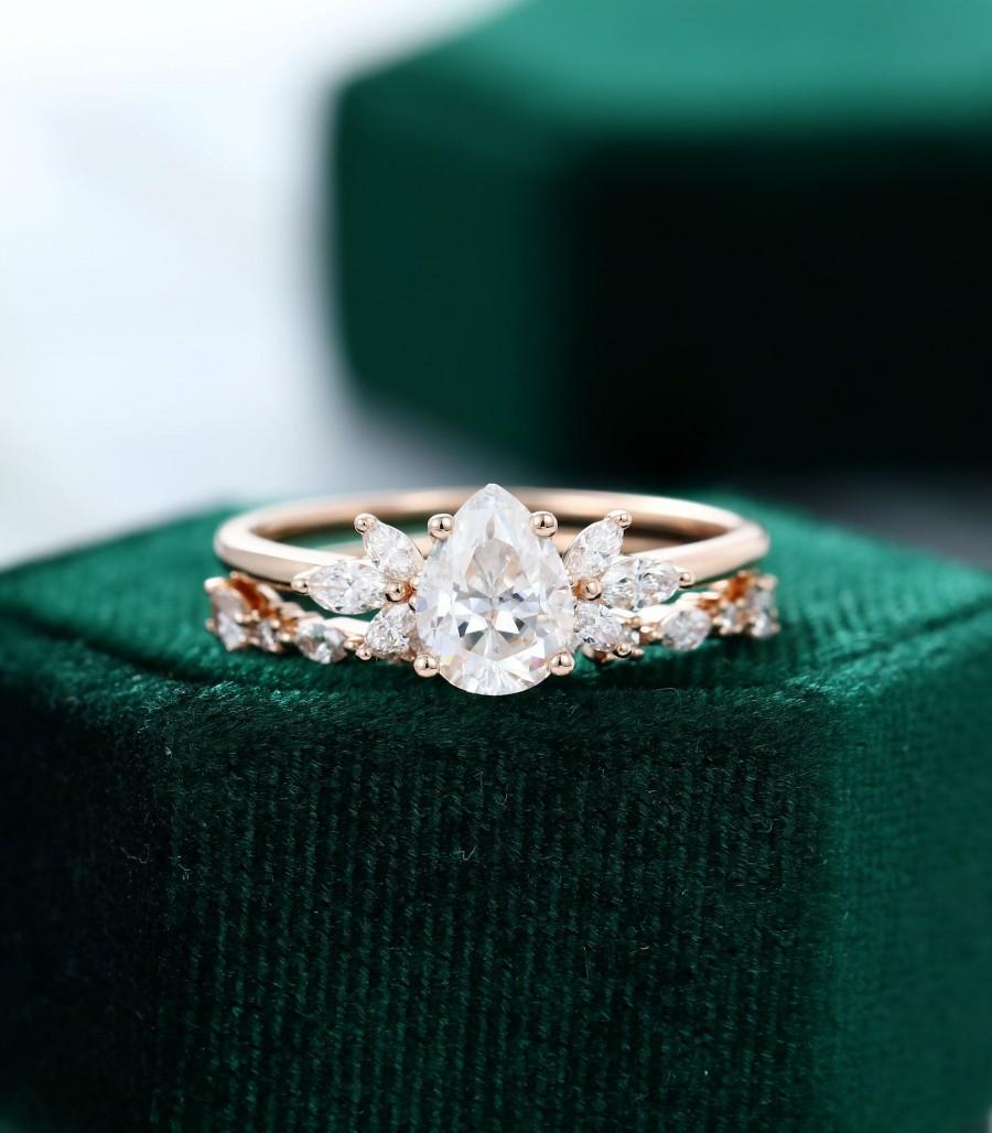Hochzeit - Pear shaped Moissanite engagement ring set vintage Unique diamond Cluster engagement ring set rose gold wedding Bridal promise ring set