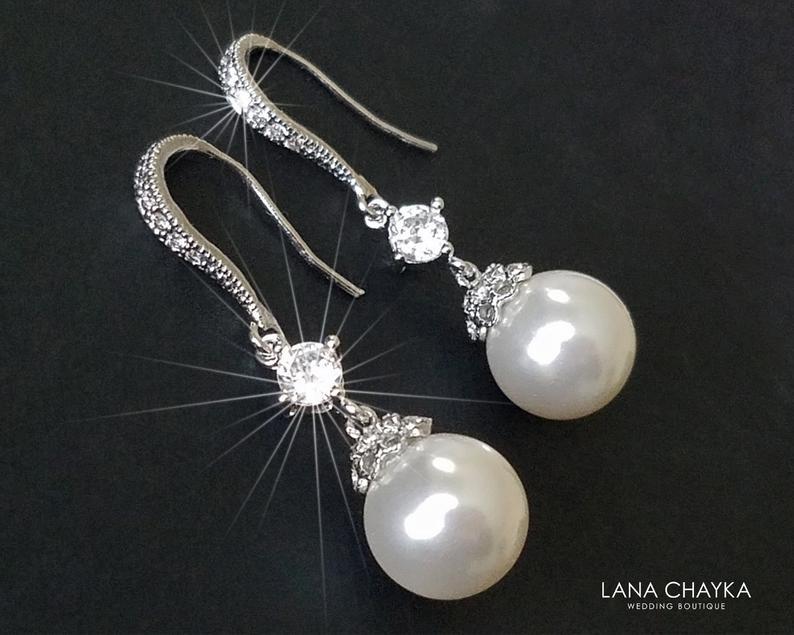 Mariage - Pearl Bridal Earrings, Swarovski White Pearl Silver Earrings, Wedding Pearl Dangle Earrings, Pearl Bridal Jewelry, Pearl Chandelier Earrings