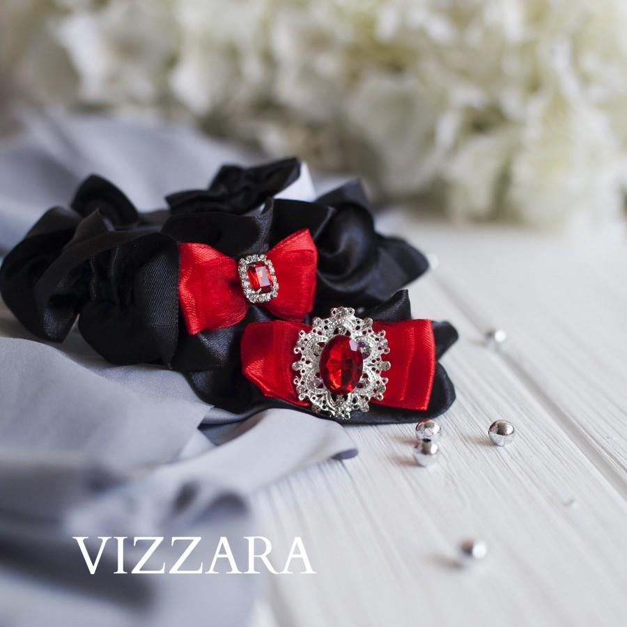 Hochzeit - Wedding garter Black tie wedding Garters wedding Black and red wedding Garter sets for wedding Red black and silver wedding Black and red