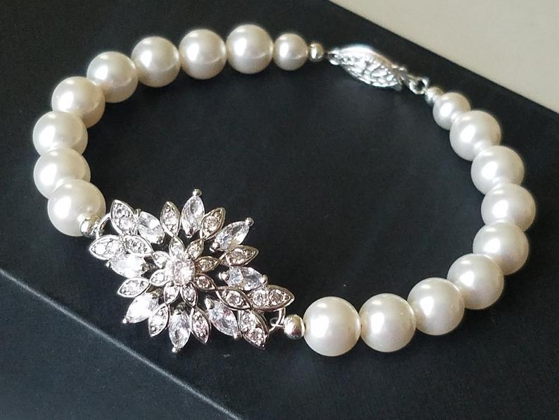 Wedding - Pearl Bridal Bracelet, Swarovski White Pearl Cubic Zircon Bracelet, Vintage Style Wedding Bracelet, Statement Pearl Bracelet, Bridal Jewelry