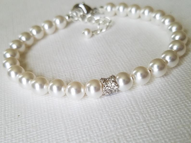 Wedding - Pearl Bridal Bracelet, Swarovski White Pearl Silver Bracelet, Wedding Pearl Bracelet, One Strand Pearl Bracelet, Bridesmaid Pearl Jewelry