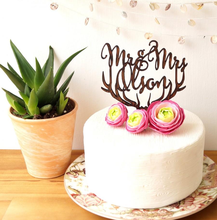 Wedding - Antlers cake topper, wedding cake topper, Mr and Mrs cake topper, personalized cake topper, deer antler tooper, rustic wooden cake topper