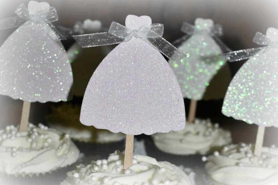 Свадьба - Bridal Shower Decorations, Wedding Dress Cupcake Picks, Bridal Shower Cupcake Toppers, Set of 12
