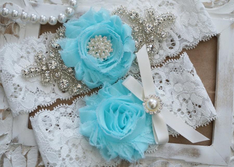 Mariage - Wedding Garter Set, Bridal Garter Set, Vintage Wedding, Ivory Lace Garter, Crystal Garter Set, Something Blue