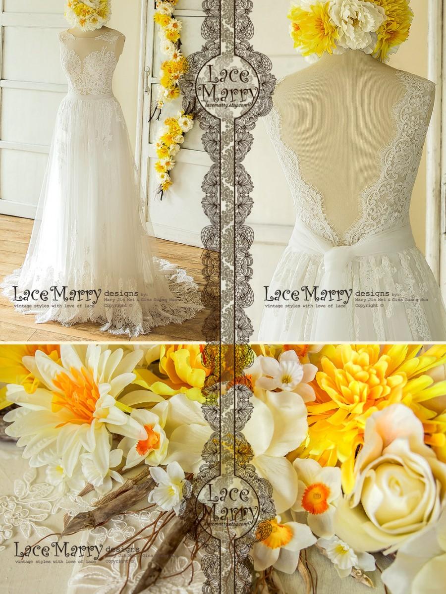 Mariage - Trendy Lace Wedding Dress in Bohemian Style from Soft Tulle and French Lacy Applique 