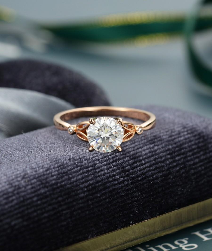 زفاف - Moissanite engagement ring Rose gold Unique vintage engagement ring Brilliant Diamond ring antique Bridal ring Anniversary ring