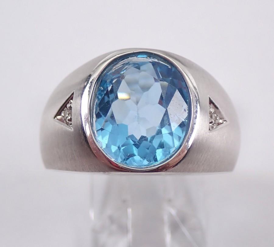 زفاف - Natural Swiss Blue Topaz Ring For Men, White Gold Plated Ring, Charm Ring, 925 Sterling Silver, Blue Topaz Ring, Stylish Ring, AAA Quality