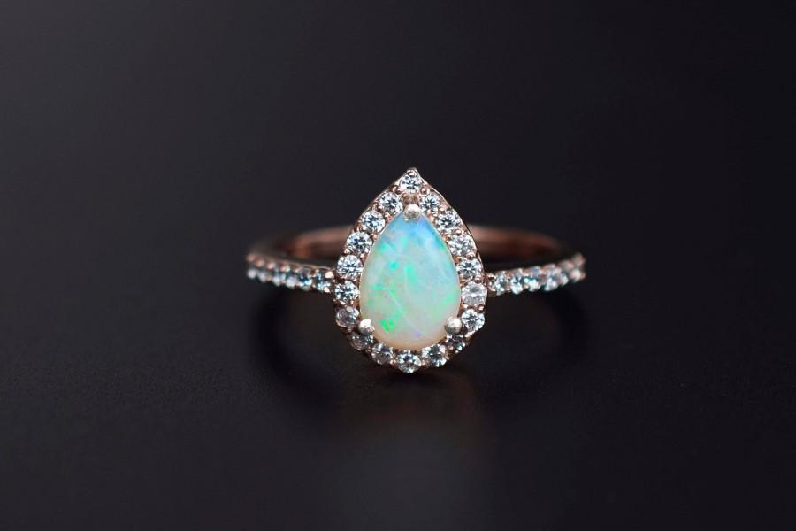 Hochzeit - Vintage Australian Opal Wedding Engagement Ring, Unique Pear Shaped Wedding Halo CZ Diamond, 925 Silver Opal Ring, Anniversary Gifts for her