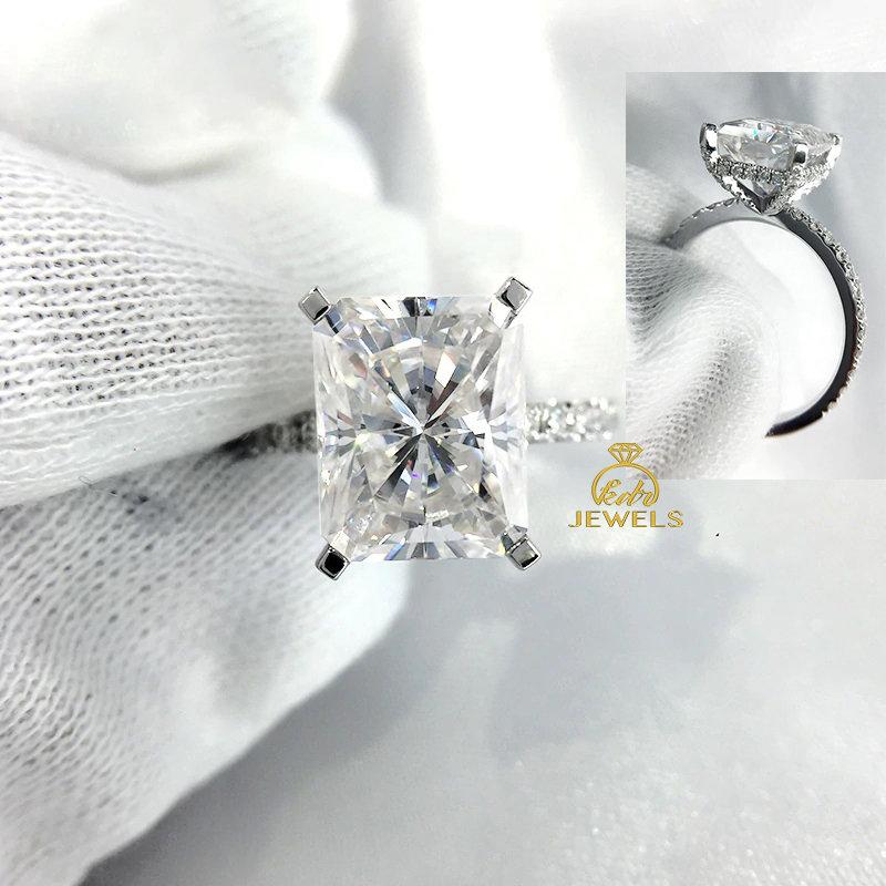 Mariage - 5ct Radiant Cut Hidden Halo Forever One Moissanite Engagement Ring, 14K White Gold ring, Under Halo Ring, Moissanite Wedding Ring, Unique