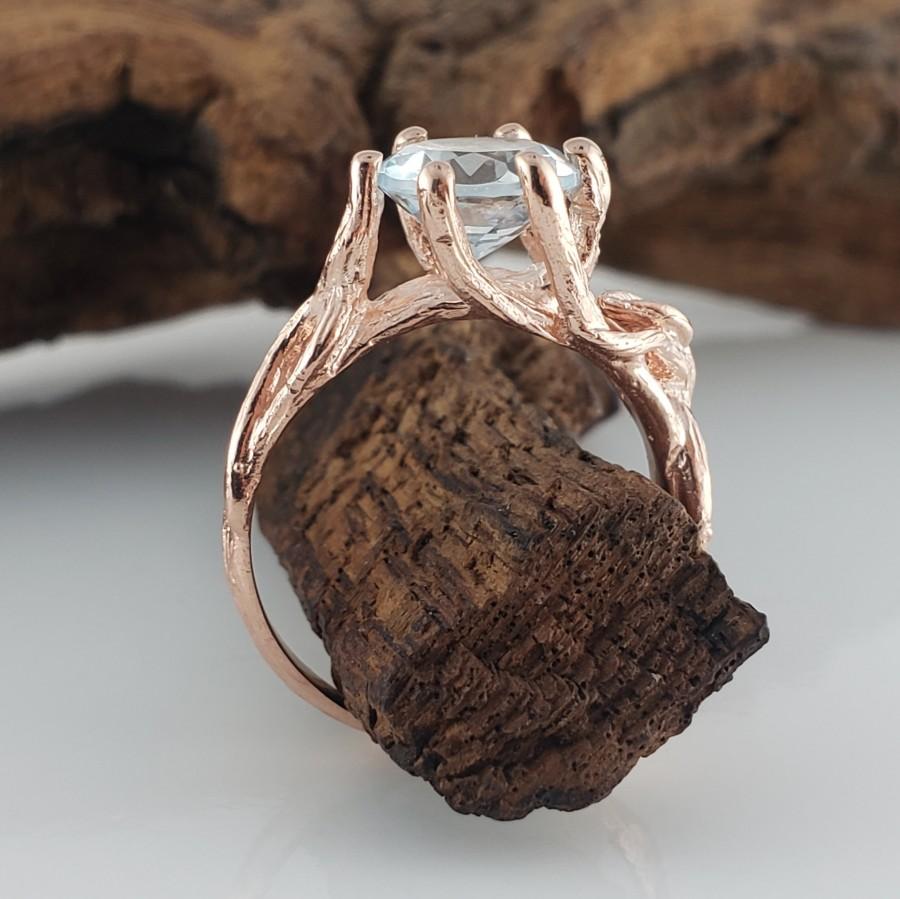 Mariage - Aquamarine Single Leaf Vine Engagement Ring 6 Prong 14k Rose Gold - by DV Designs