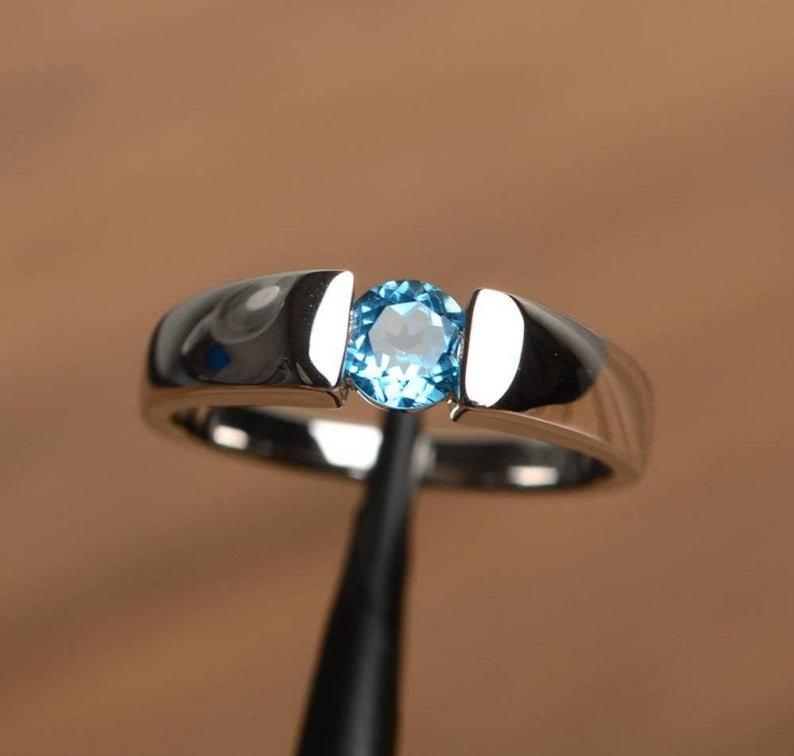 زفاف - Beautiful Swiss Blue Topaz Ring For Women, White Gold Plated Ring, Solitaire Ring, December Ring, Gift For Her, Propose Ring